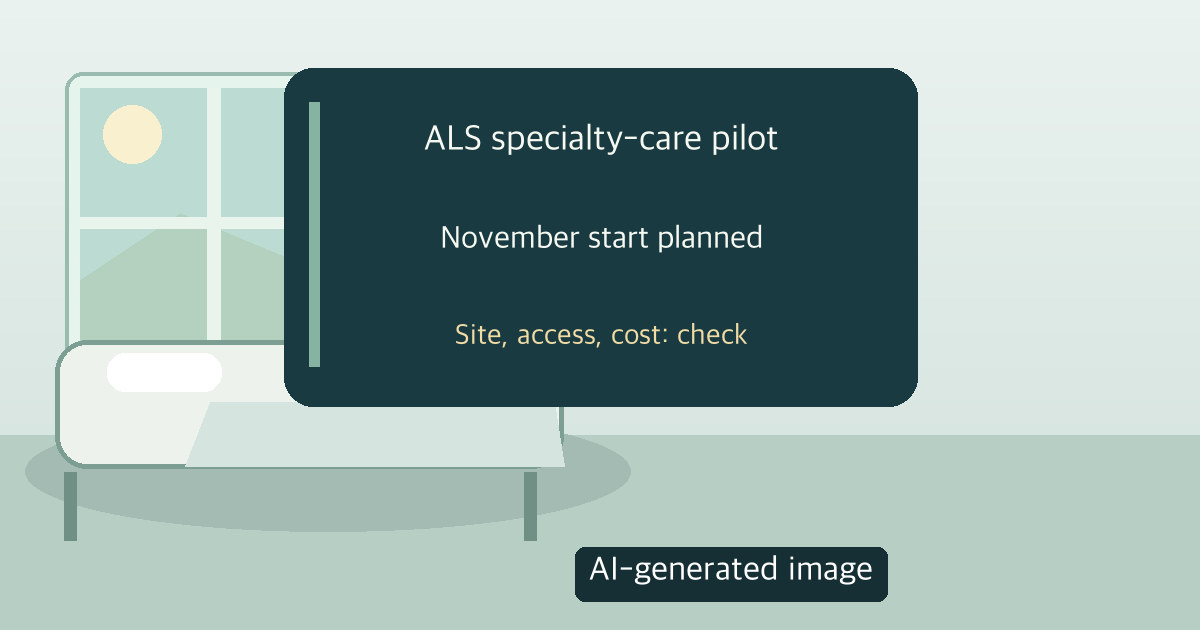 AI-generated image of an empty care room with planned November ALS pilot and a reminder to check sites, access and costs; not an actual participating hospital