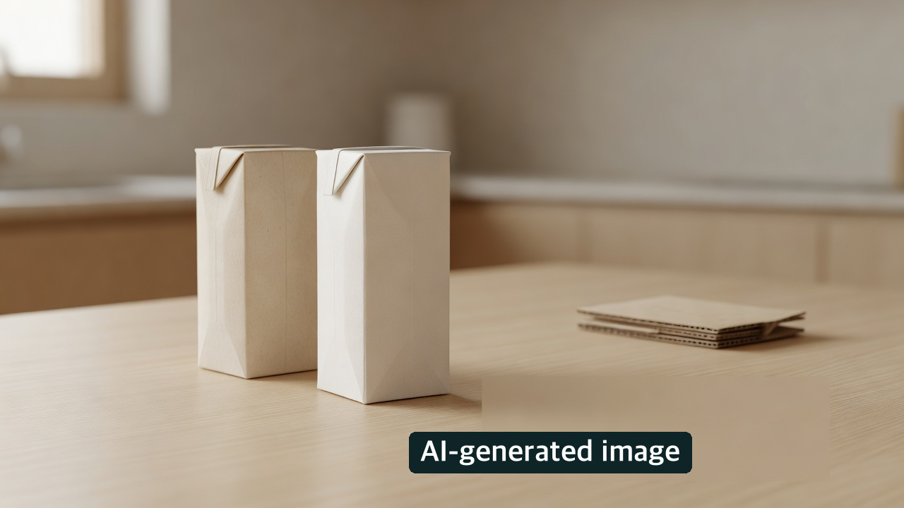 AI-generated conceptual photo of two plain beverage cartons apart from corrugated cardboard; not an actual apartment collection point, government notice or identification of individual carton material.