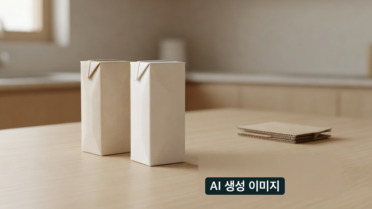 AI 생성 개념 사진: 빈 종이팩 두 개와 떨어져 놓인 골판지. 실제 아파트 배출 장소·정부 안내판이나 개별 팩의 재질 판정은 아닙니다.