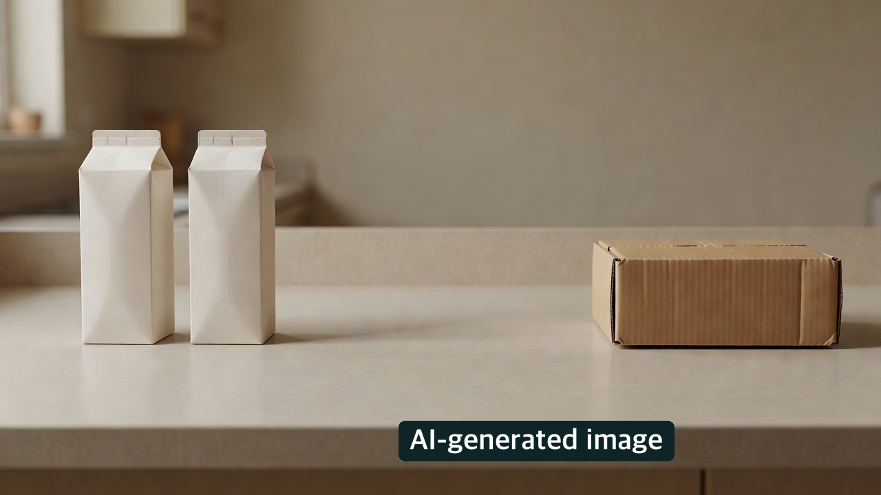 AI-generated conceptual photo of two unmarked beverage cartons apart from a corrugated box; not a verified regular-versus-aseptic marking, official bin label or documented site.