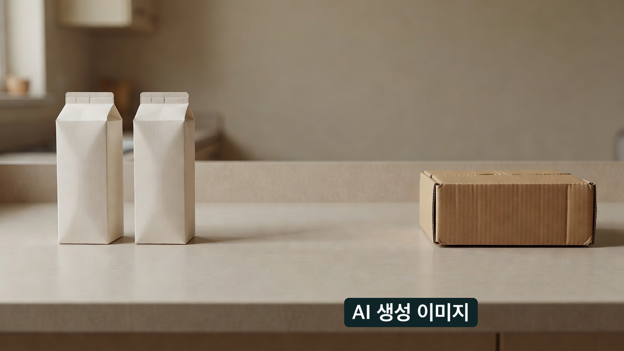 AI 생성 개념 사진: 표시 없는 음료 종이팩 두 개와 떨어져 놓인 골판지 상자. 일반팩·멸균팩의 실제 식별 표시나 정부 수거함 사진은 아닙니다.