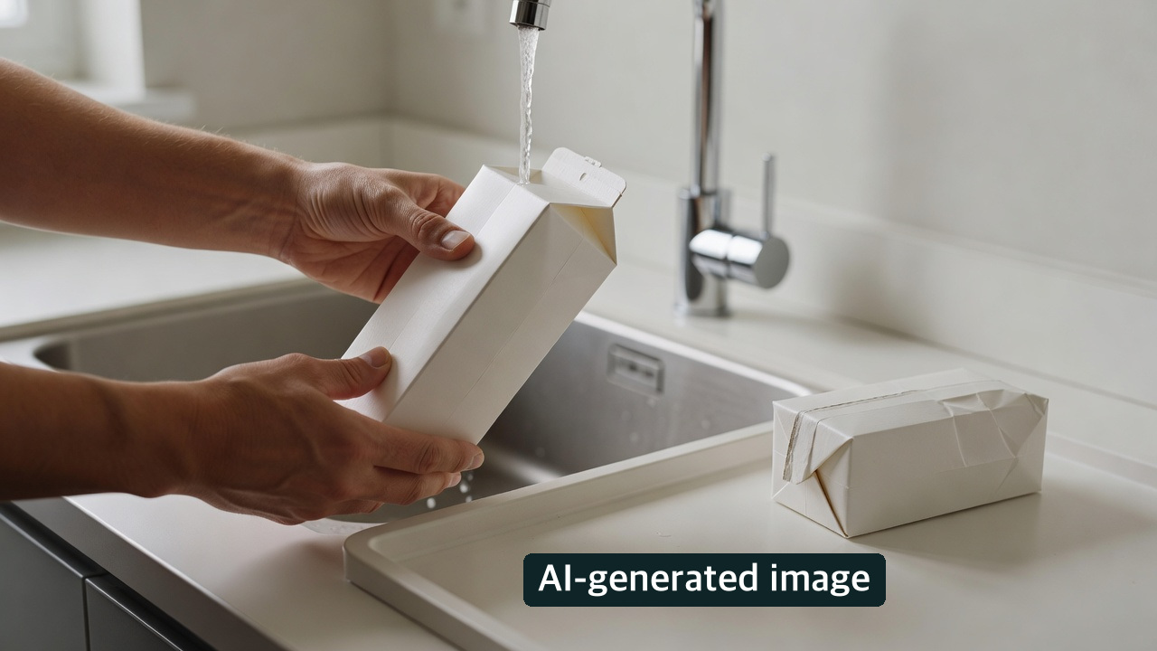 AI-generated conceptual photo of hands rinsing a blank carton at a kitchen sink; this staged step is not the whole preparation sequence, a verified collection schedule or an actual apartment facility.