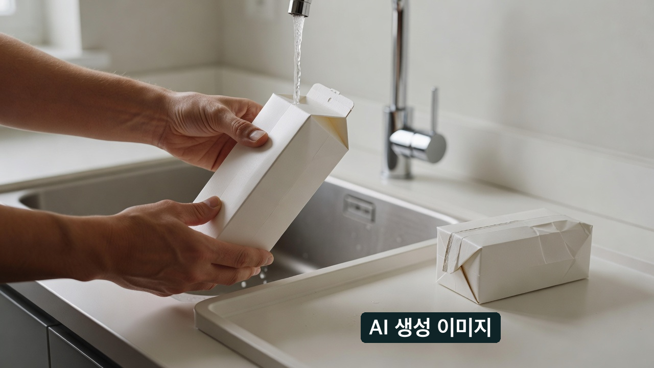 AI 생성 개념 사진: 주방 싱크대에서 빈 종이팩을 헹구는 손. 헹굼 한 단계의 연출이며 전체 배출 절차나 실제 단지 운영·수거 일정 사진은 아닙니다.