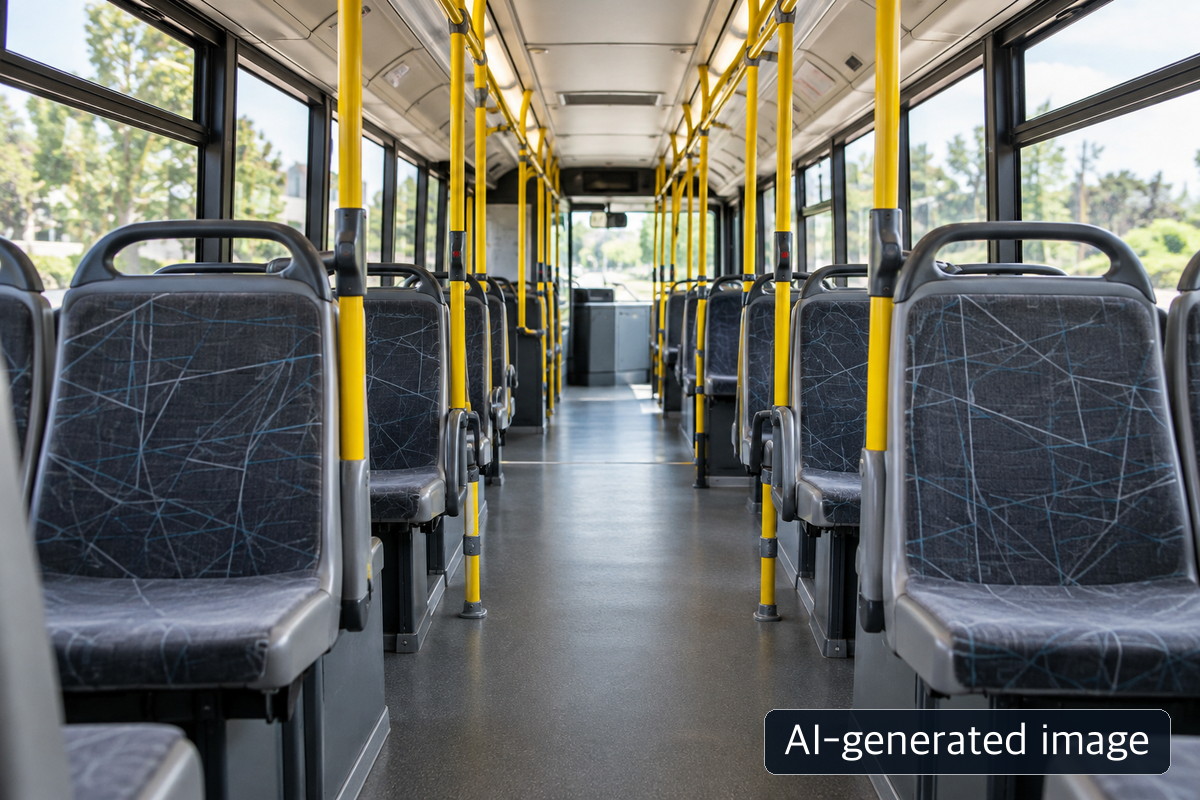 Empty generic city bus interior with paired seats and a clear aisle