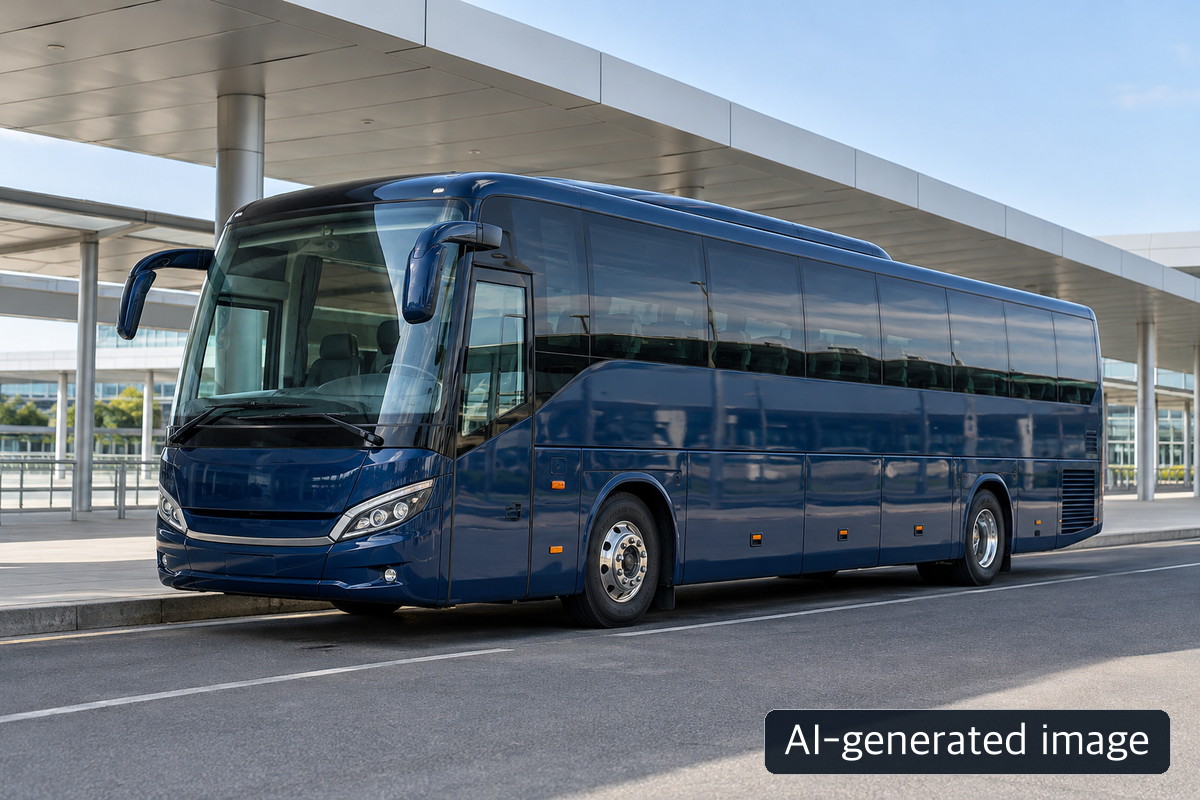 Dark-blue coach beside a covered pedestrian walkway in a generic boarding area