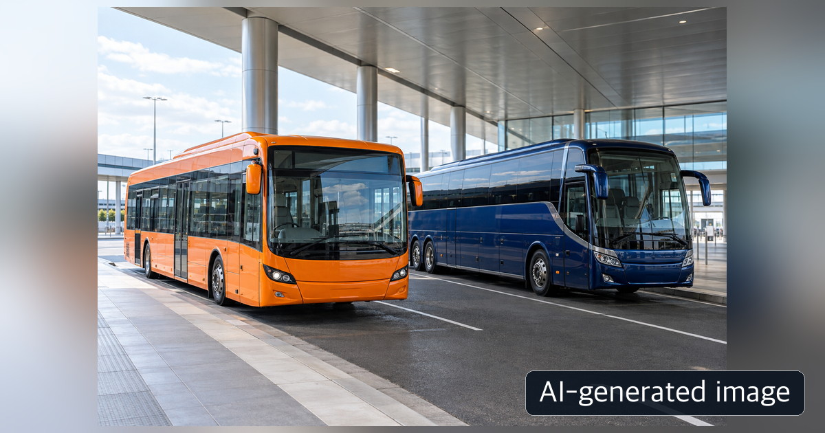 Orange city bus and dark-blue coach side by side beneath a generic airport-style canopy