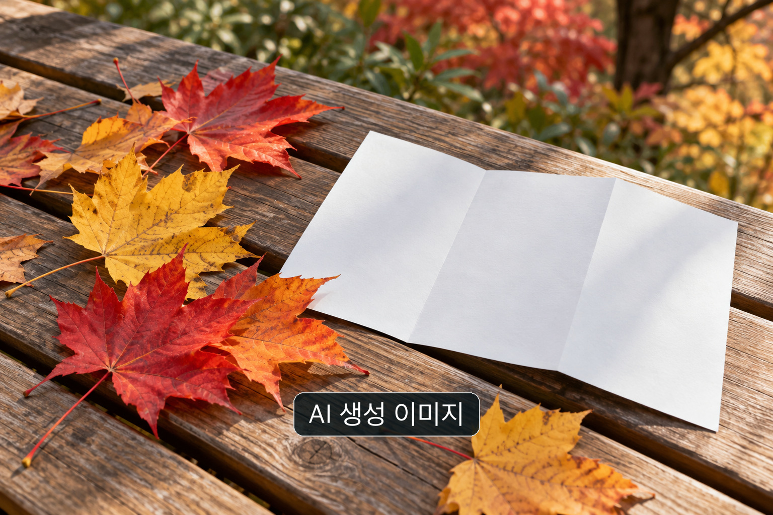 붉고 노란 단풍잎과 빈 종이가 놓인 나무 탁자