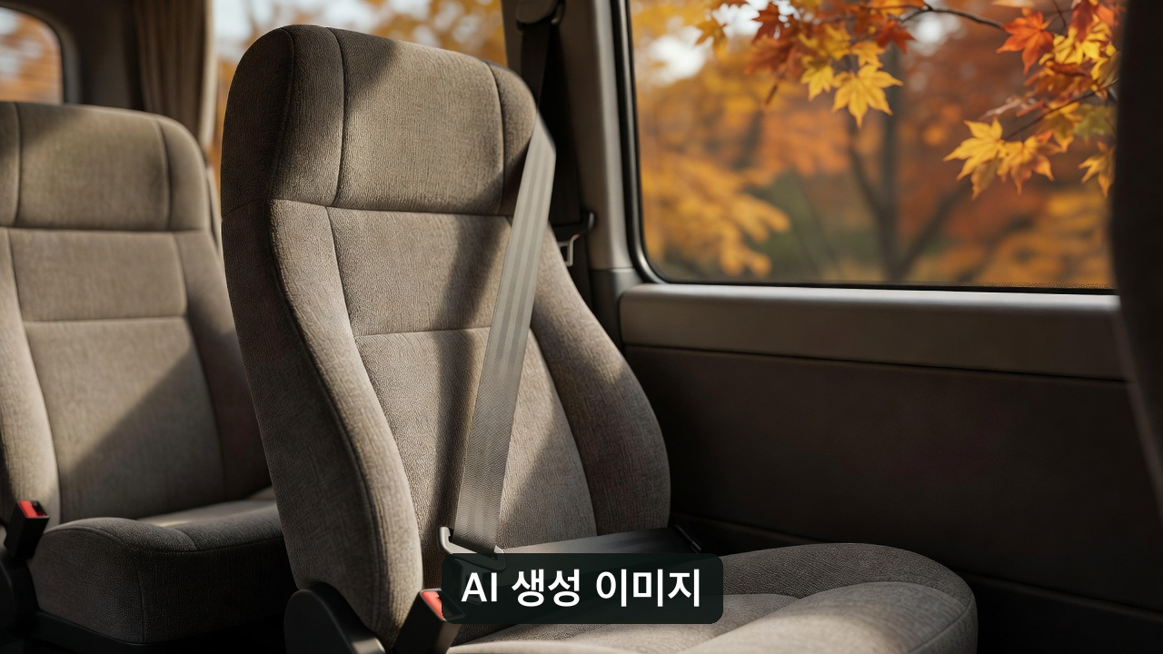 AI 생성 설명용 장면: 관광버스의 빈 좌석과 안전띠, 특정 차량의 실제 장치가 아님