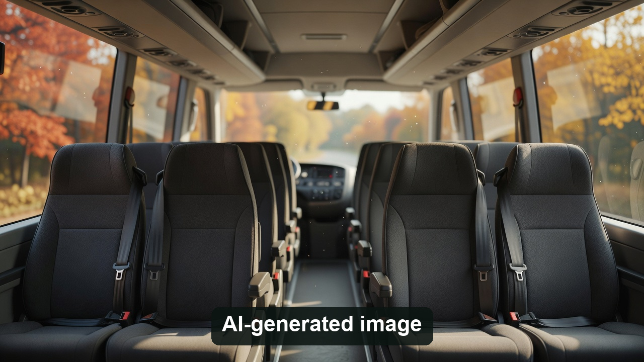AI-generated conceptual empty bus interior with belts, not a particular operator's vehicle