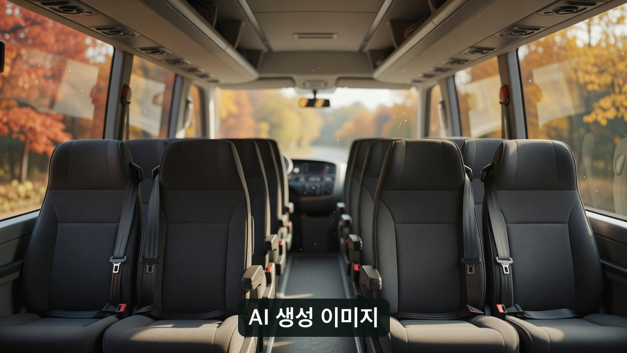 AI 생성 설명용 버스 내부 장면: 빈 좌석과 안전띠, 특정 업체 차량의 실제 모습이 아님