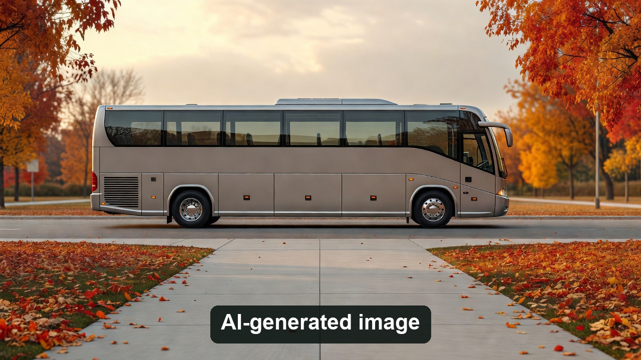AI-generated conceptual parked coach in autumn, not an actual enforcement site or identifiable destination
