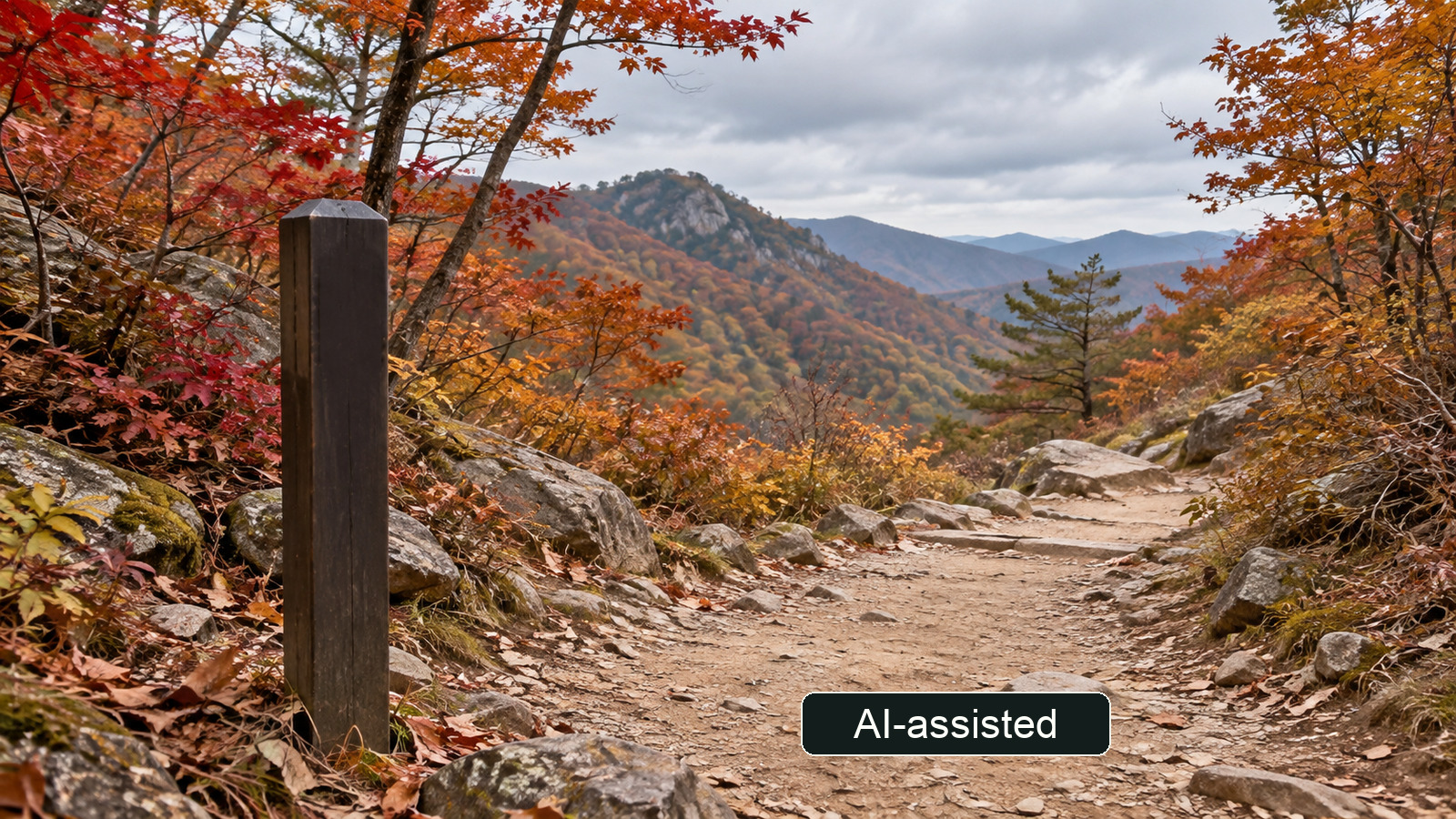 AI-generated conceptual image: autumn trail with an unmarked wooden post; it is not an identifiable emergency location sign.