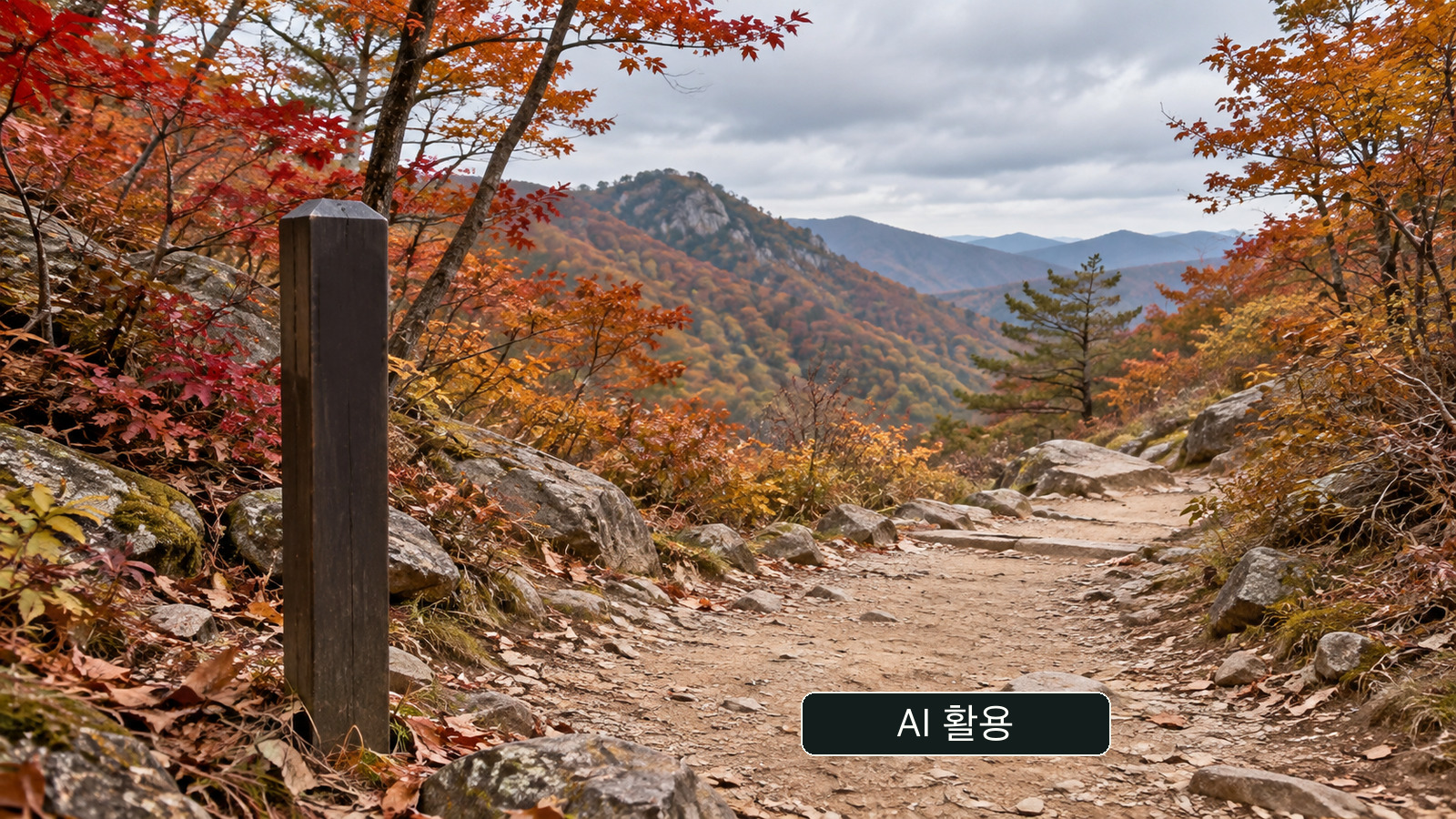AI 생성 개념 이미지: 단풍 든 산길의 글자·번호 없는 나무 기둥. 실제 구조 위치를 알리는 표지판이 아닙니다.