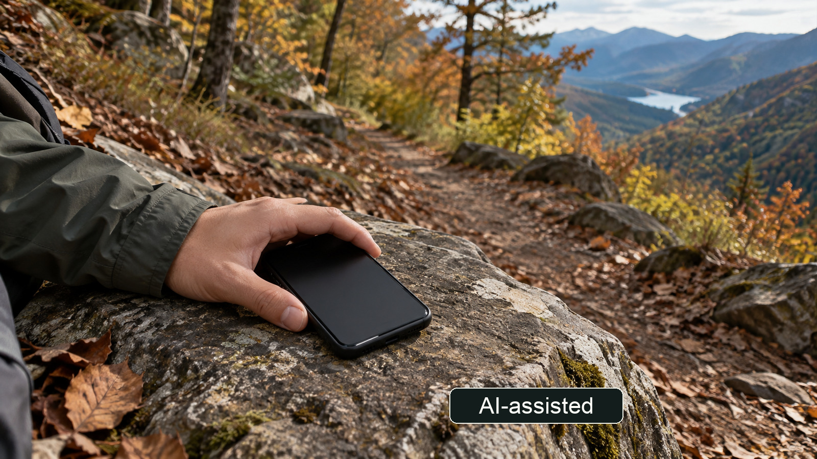AI-generated conceptual image: autumn trail with a hand beside a phone with a dark screen on a rock; no call or 119 report is shown.