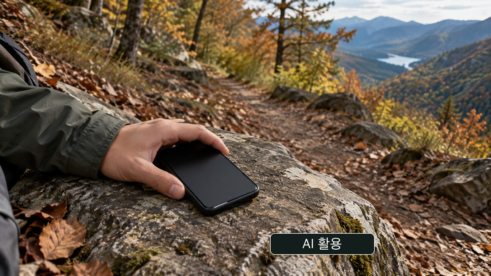 AI 생성 개념 이미지: 가을 산길 바위 위에 화면이 꺼진 휴대전화를 짚은 손. 실제 119 통화·신고 장면이 아닙니다.