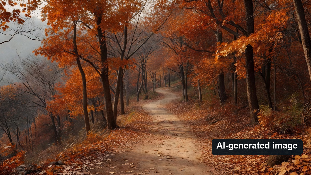 Empty leaf-covered path winding through an autumn forest