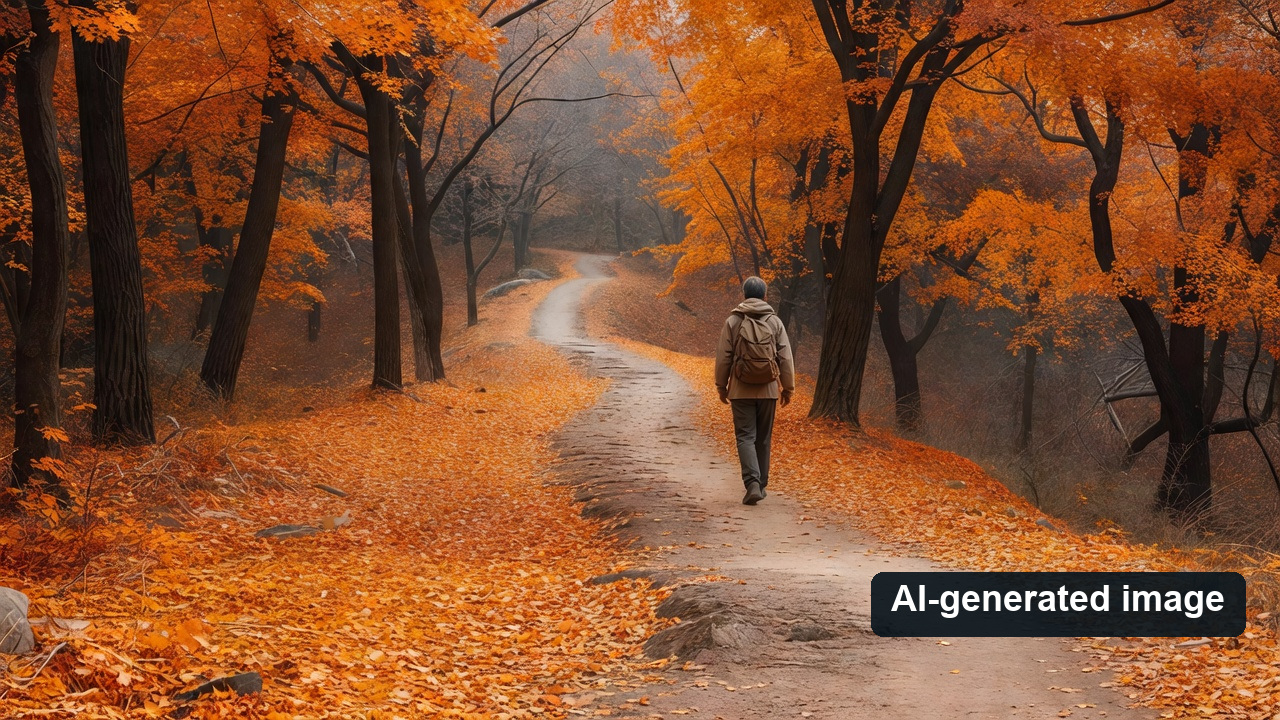 A hiker seen from behind walking along a leaf-covered autumn forest trail