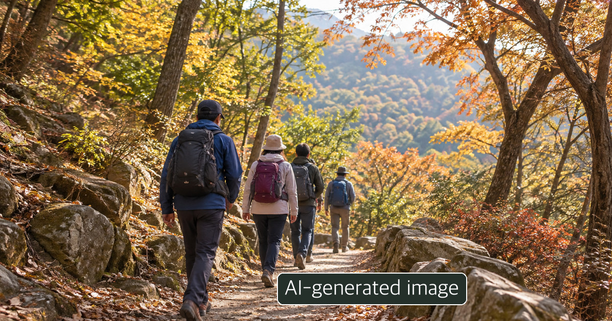 AI-generated conceptual image of walkers in an autumn forest; not the new Baegaksan trail.