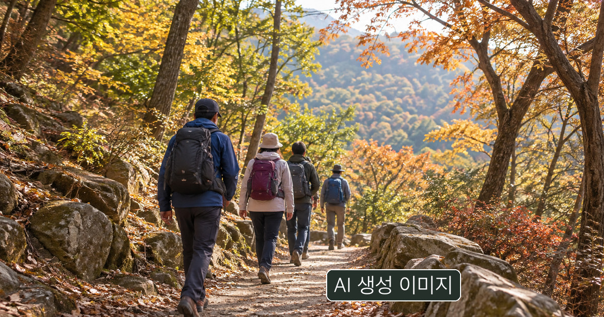 가을 숲길을 걷는 등산객의 AI 생성 개념 사진. 실제 백악산 새 구간 사진이 아닙니다.