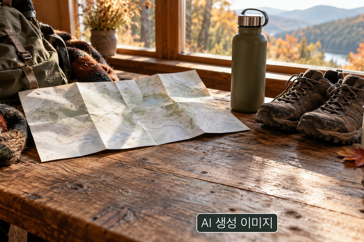 이름이 보이지 않는 지도와 등산 장비의 AI 생성 개념 사진. 공식 탐방로 지도가 아닙니다.