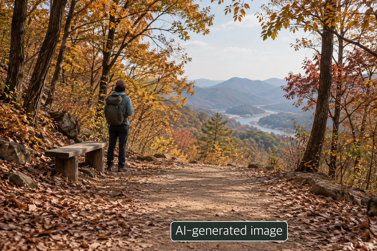 AI-generated conceptual image of a hiker by a bench; not the actual Baegaksan viewpoint.