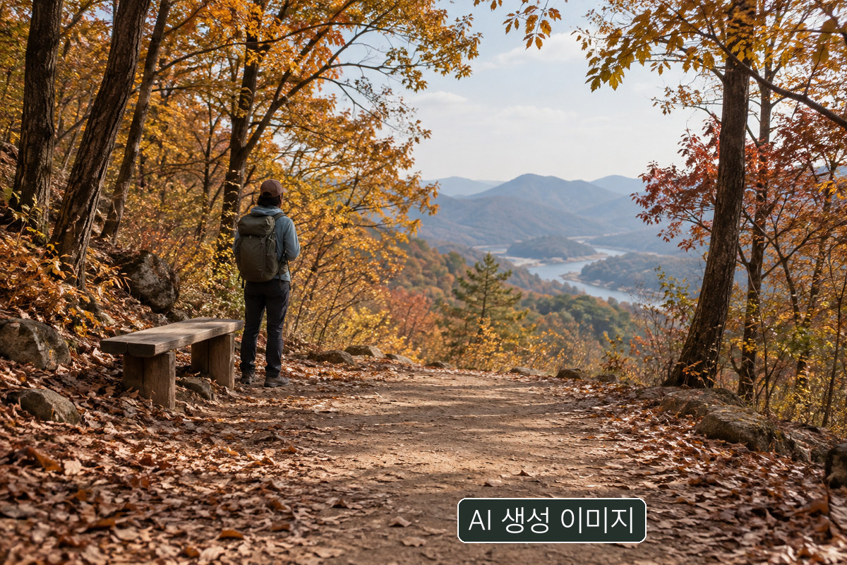나무 벤치와 산길 앞 등산객의 AI 생성 개념 사진. 실제 백악산 조망점이 아닙니다.