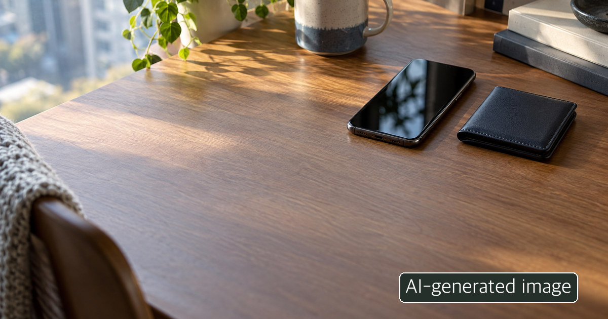 AI-generated conceptual desk scene with a phone, not an actual Korean bank-app screen or mobile identity card.