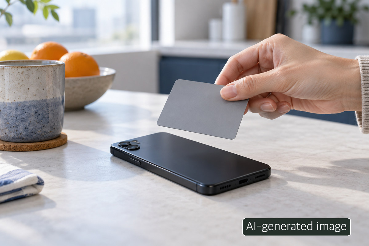 AI-generated conceptual photo of a blank grey card above an inactive phone. Neither is a genuine Korean ID or bank interface.