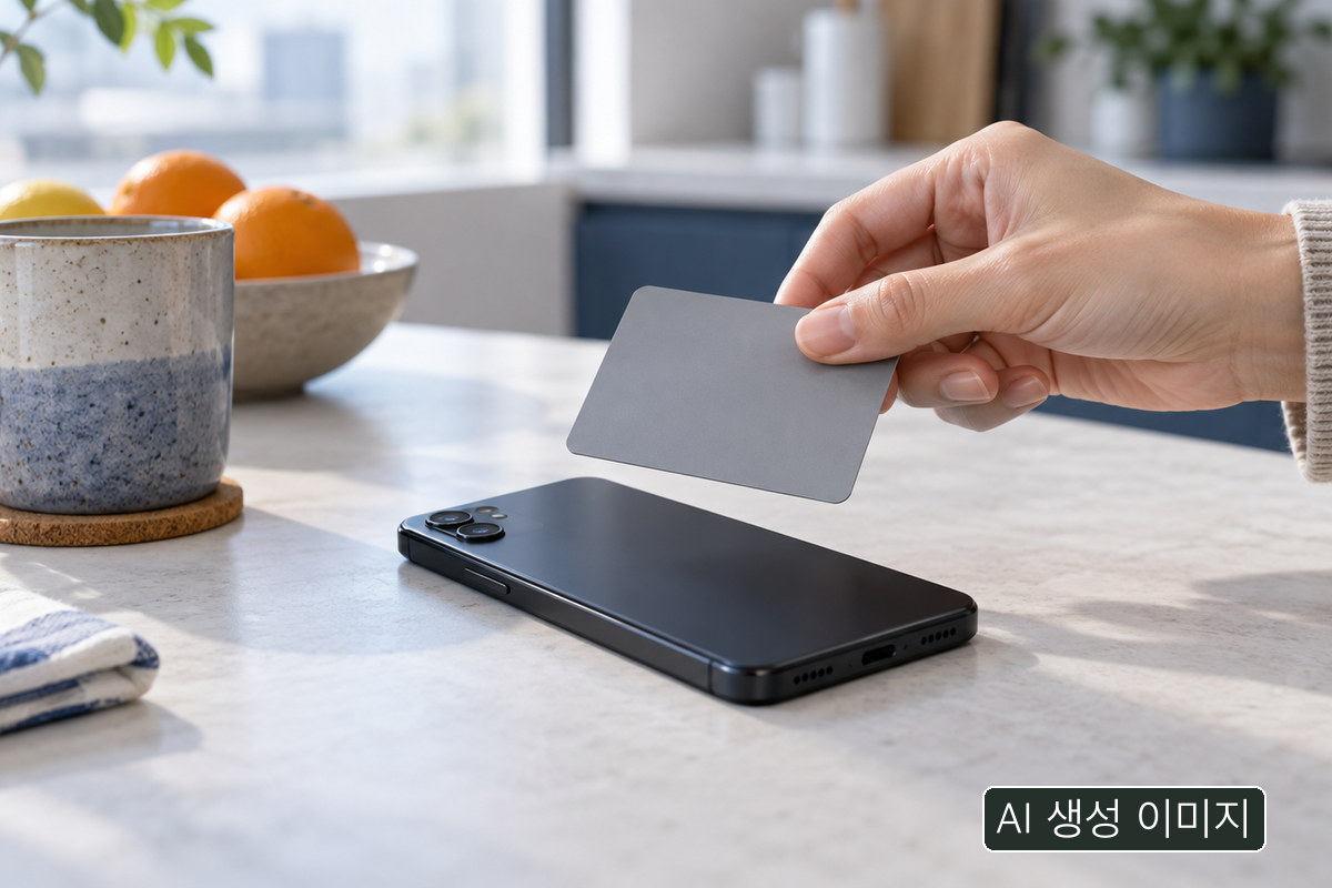 빈 회색 카드와 뒷면이 보이는 휴대전화의 AI 생성 개념 사진. 실제 신분증·은행 앱·태그 성공 화면이 아닙니다.