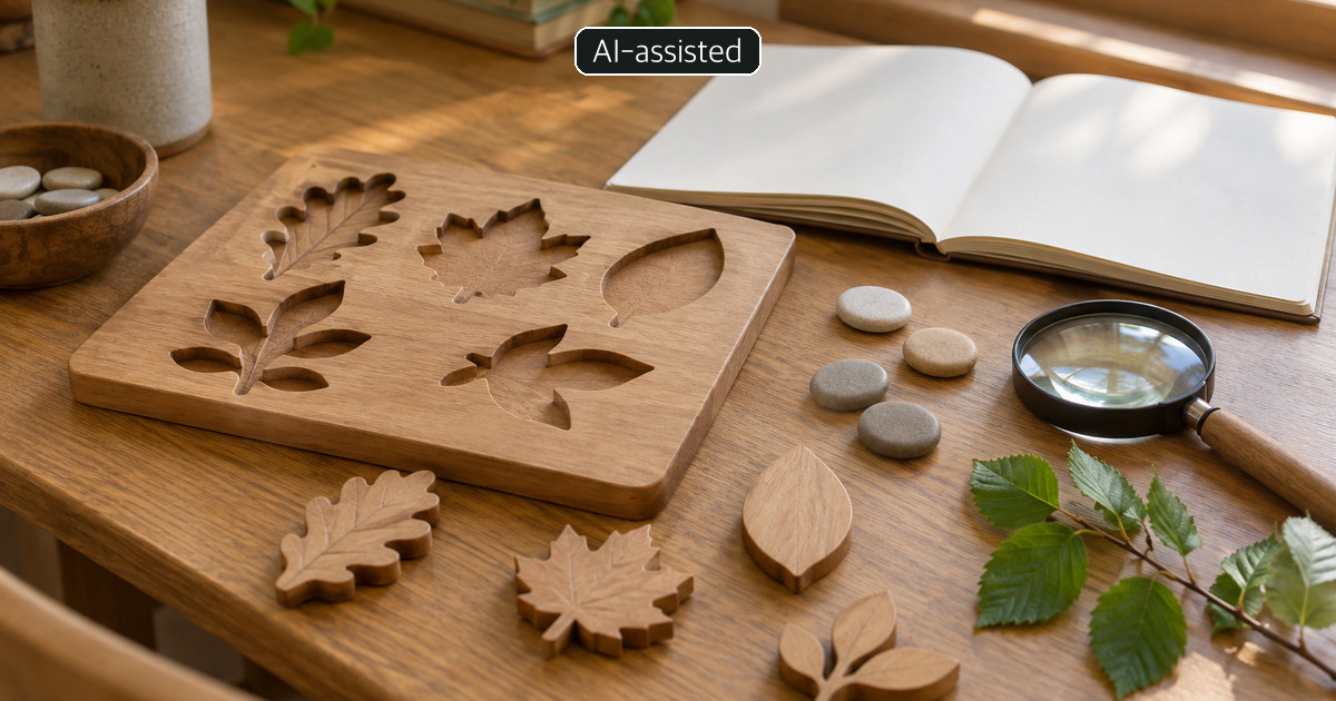 AI-generated conceptual tabletop still life with unmarked leaf-shaped learning pieces and a blank notebook; not a real contest entry