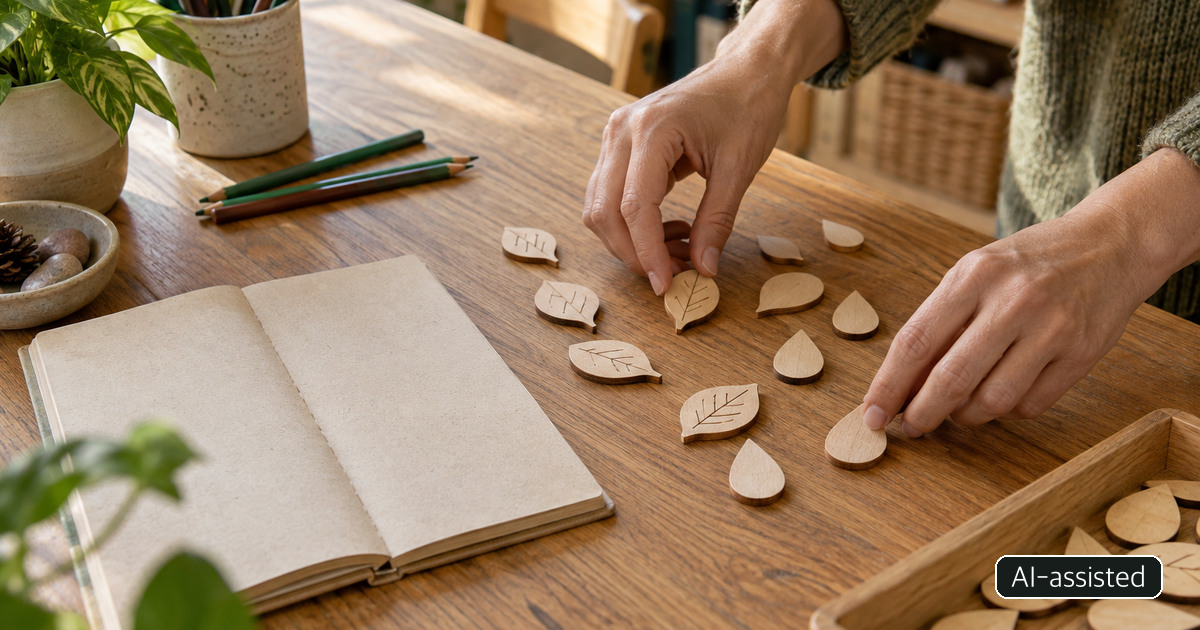 AI-generated conceptual scene of hands arranging wooden leaf- and raindrop-shaped pieces; not actual entrants or their work