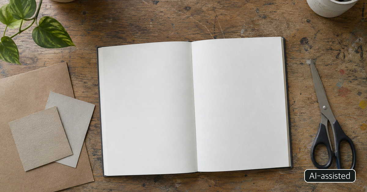 AI-generated conceptual still life of a blank notebook, cardstock and scissors; not a real judging scene