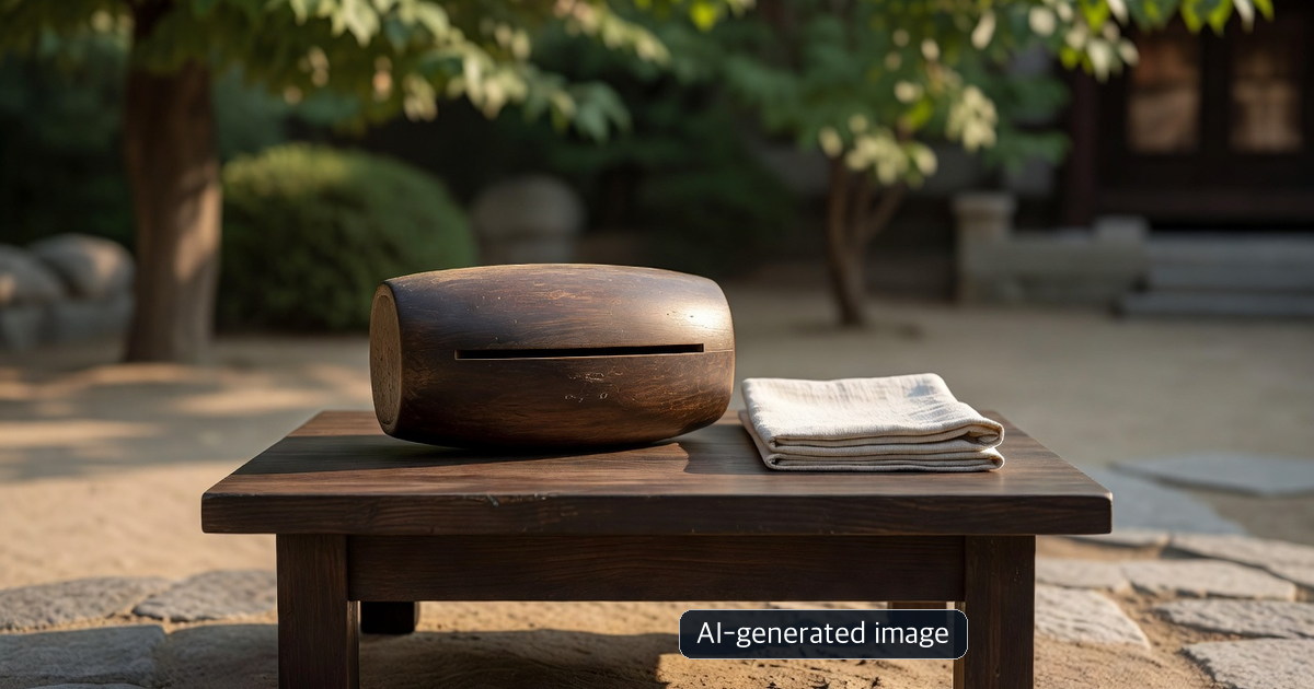 AI-generated symbolic still life of a wooden moktak and a garden, not a photograph of Bongeunsa or the product