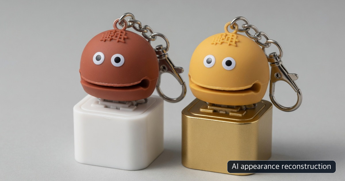 AI reconstruction of the brown and yellow Gongdeok keyring forms seen in a published product photograph; not an official or actual product photograph