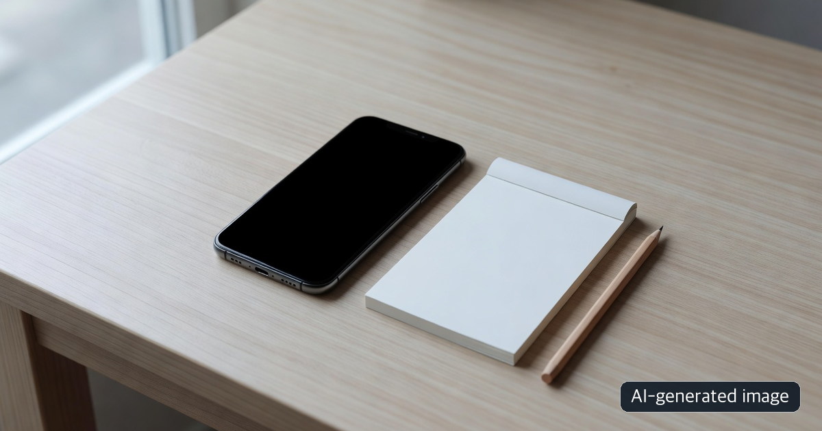 AI-generated generic desk scene with a blank phone and notebook illustrating a pre-visit information check