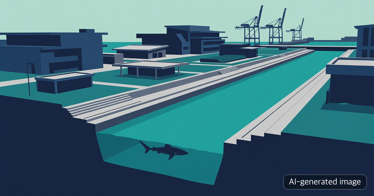 AI-generated editorial illustration of a shark silhouette in an urban port channel