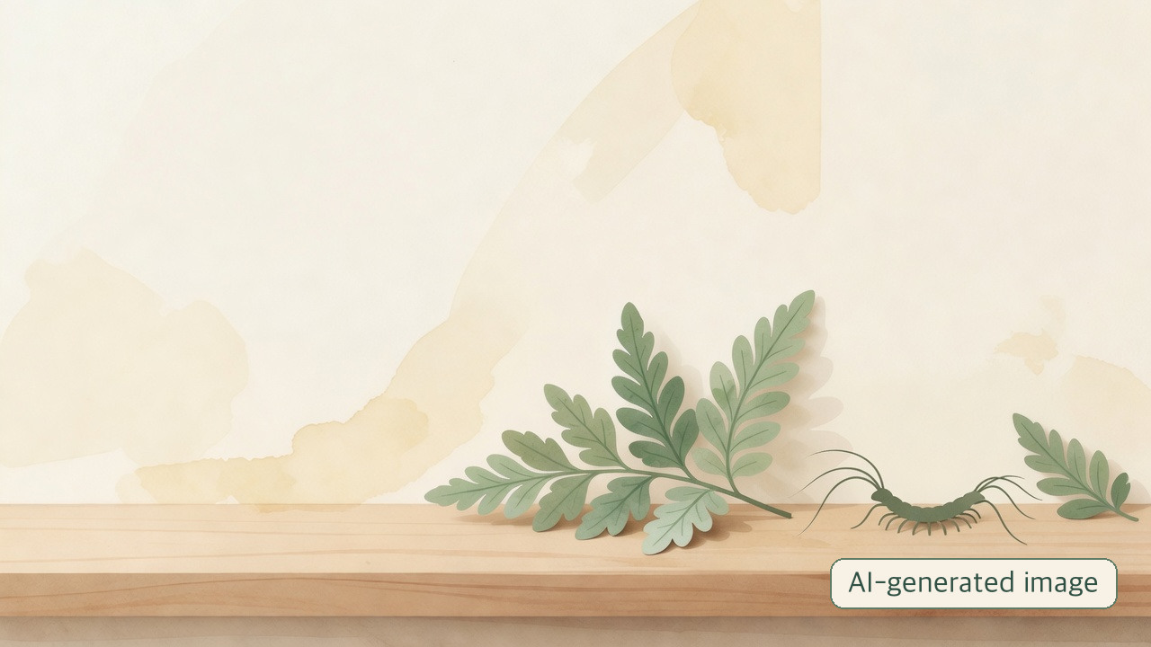 Soft illustration of a small house-centipede-like figure beside a fern