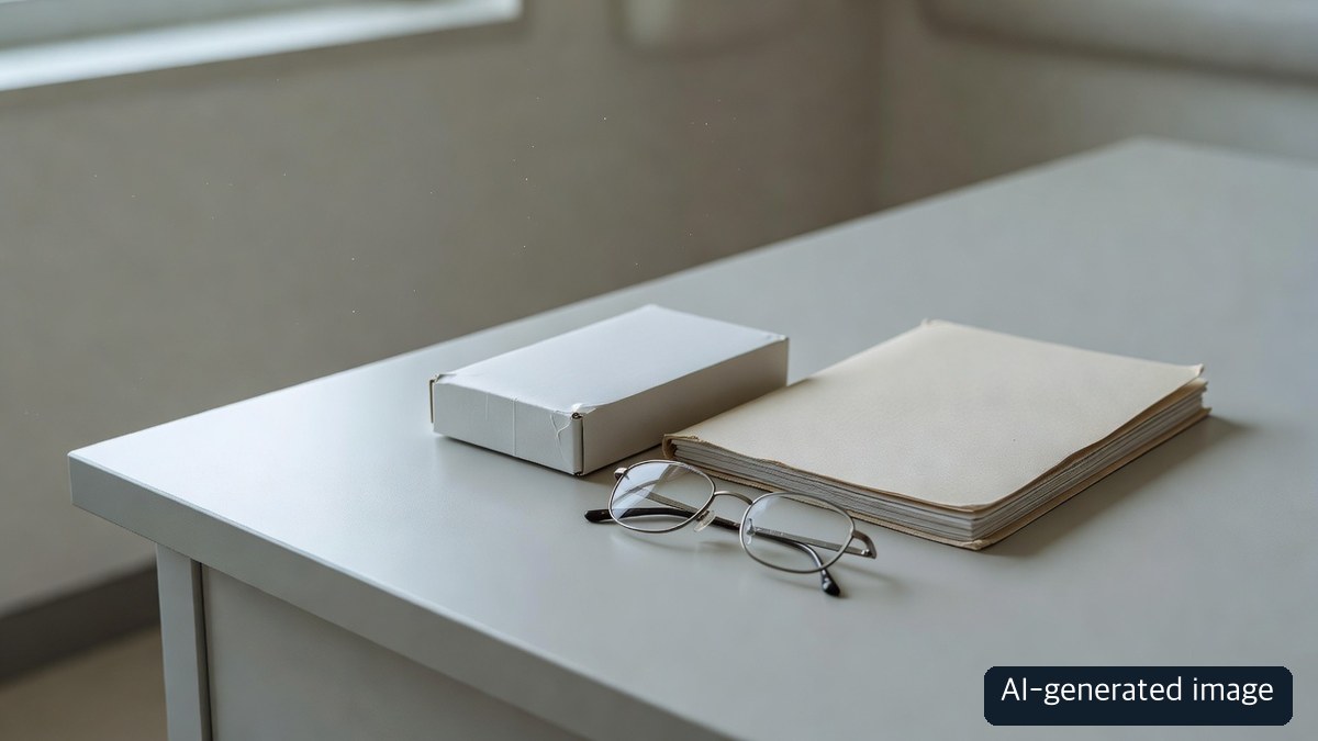 AI-generated generic still life of an unlabeled box, papers and glasses; not an actual medicine or patient