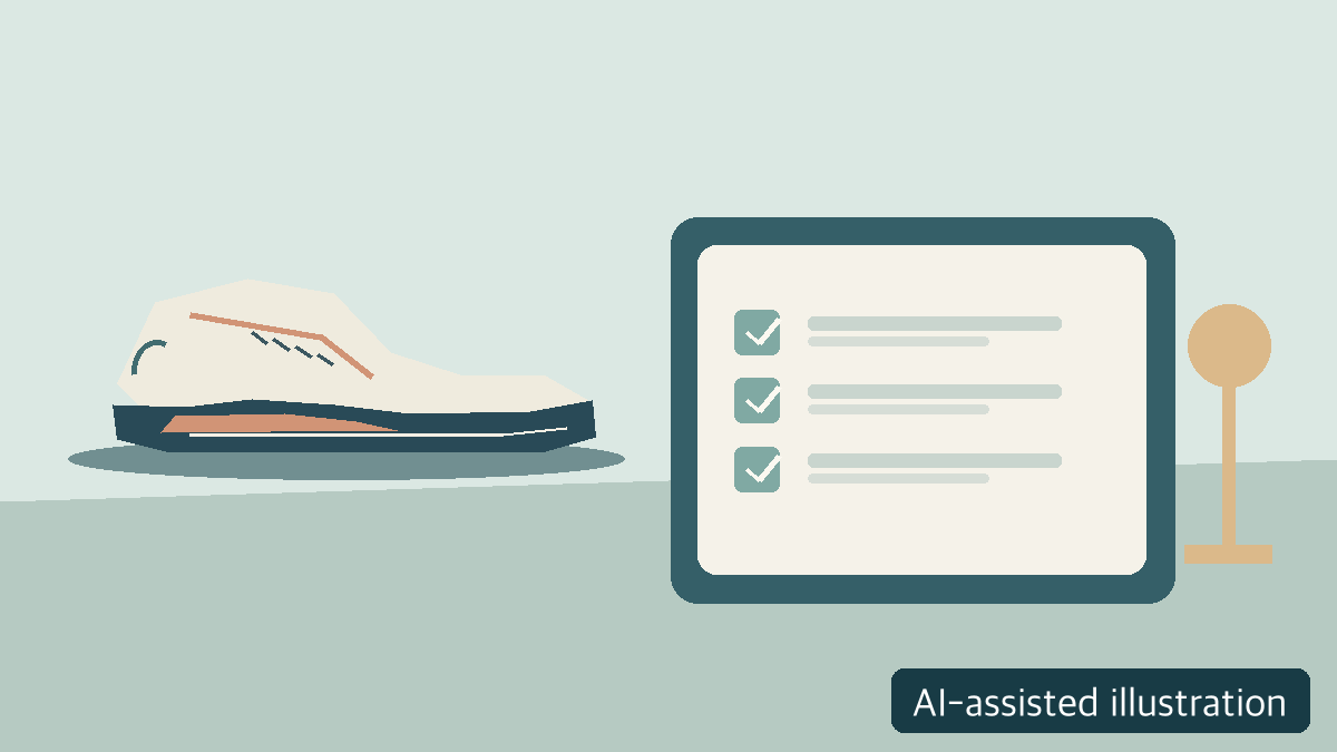 AI-assisted conceptual illustration of checking shoe fit, checkout price and the item's label