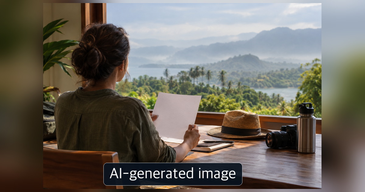 Person holding a sheet of paper at a desk overlooking tropical greenery