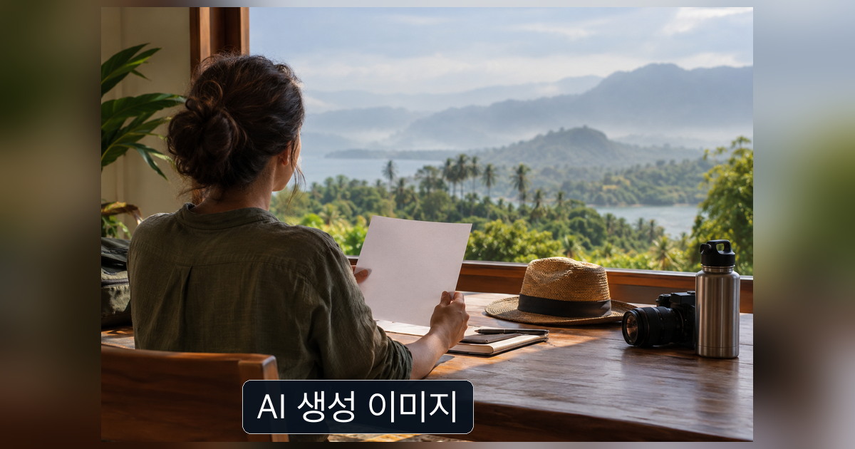 창가의 책상에서 종이를 들고 열대 녹지 풍경을 바라보는 사람
