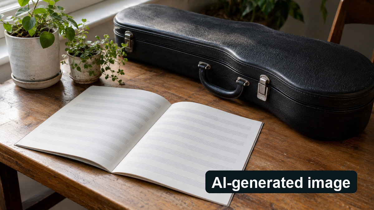 Conceptual image of a violin case and plants, not the event setup