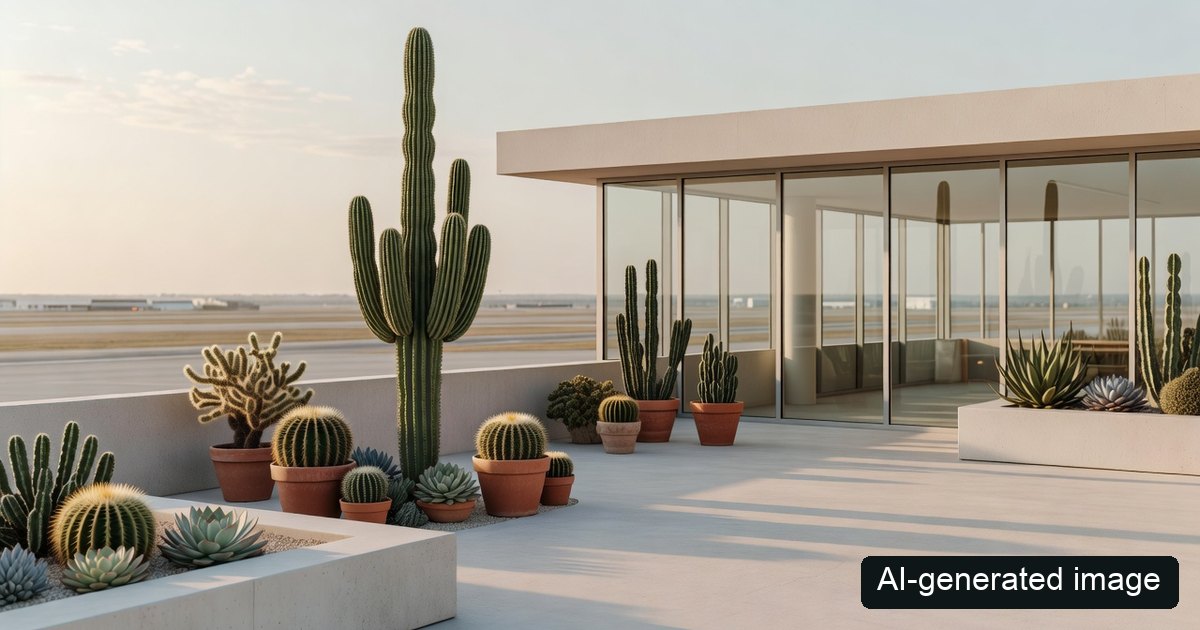 AI-generated image: a generic airport rooftop cactus garden illustration, not an actual photograph of Changi Airport