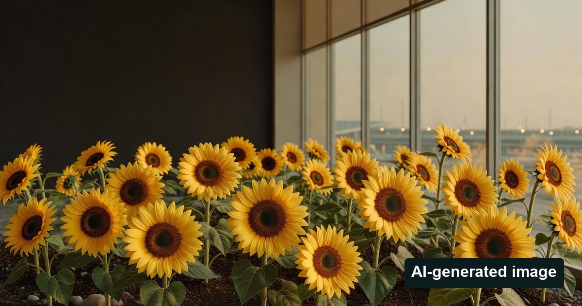 AI-generated image: generic airport-inspired sunflower garden, not a photograph of Changi Terminal 2