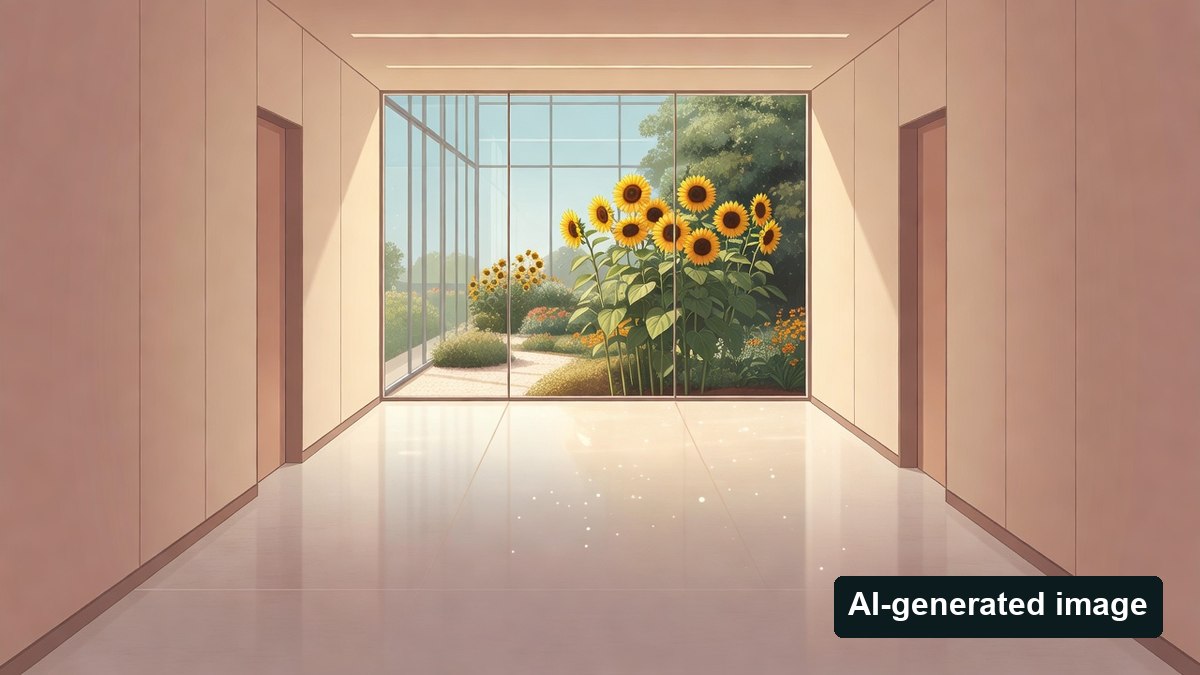 AI-generated image of a generic corridor and sunflowers; not an actual T2 route or garden entrance