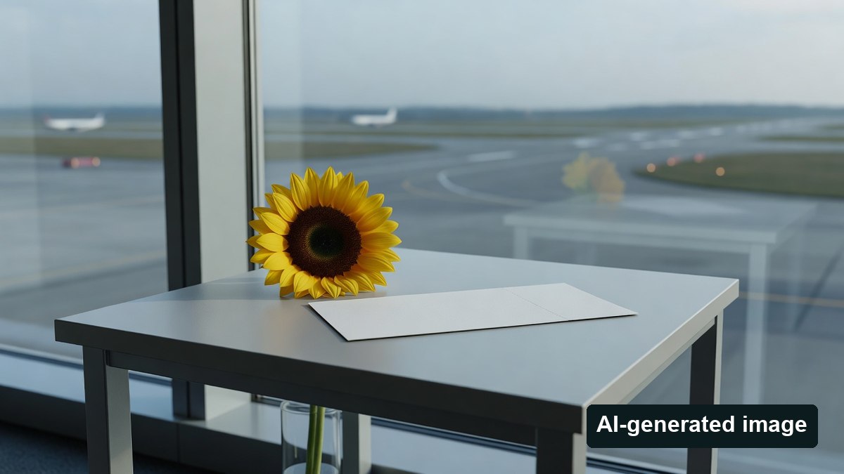 AI-generated image of a blank card and sunflower: an abstract timing reminder, not an actual ticket or timetable