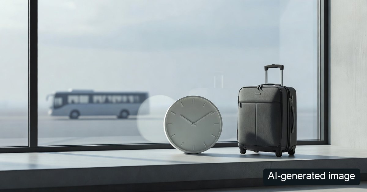 AI-generated image: generic clock, luggage and blurred bus as a time-planning concept, not an actual Changi shuttle