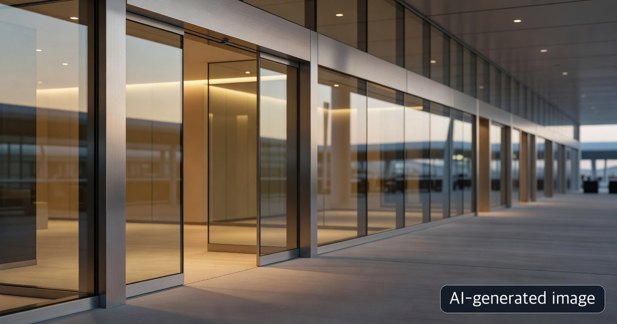 AI-generated generic airport transit-hotel entrance, not a photograph of Changi Airport
