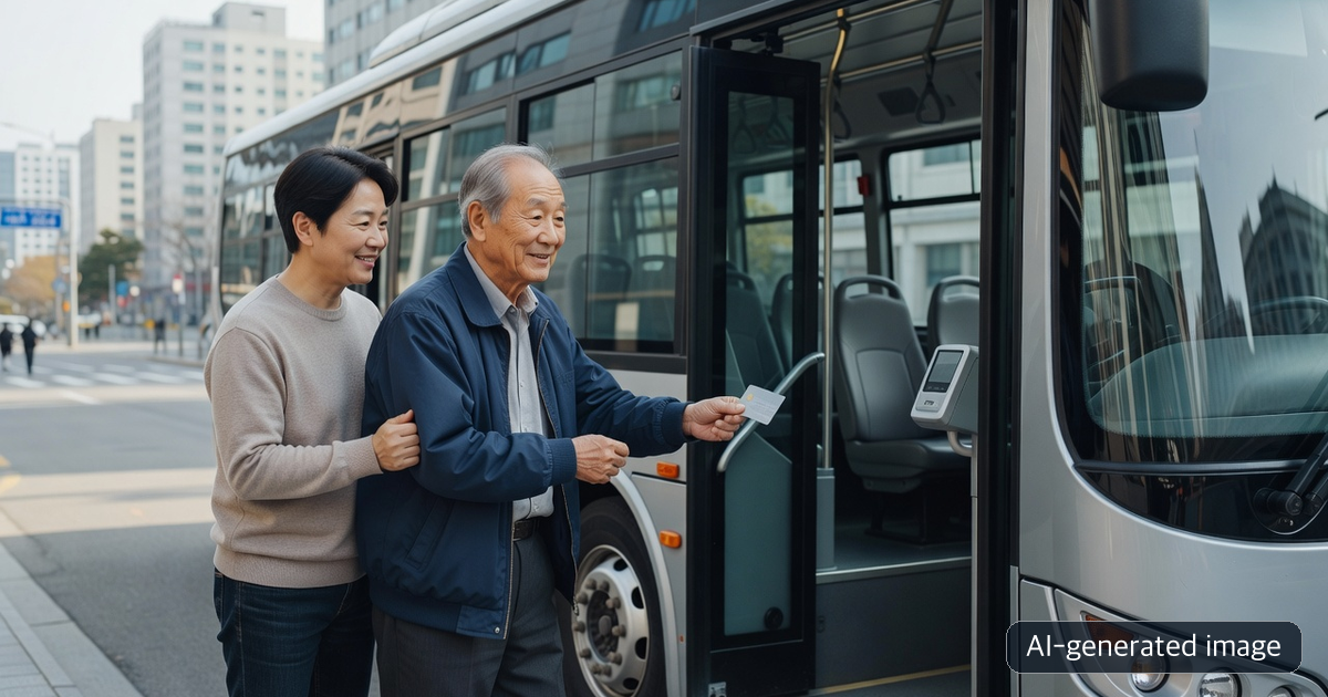 AI-generated image of an older adult using a generic transit card to board a city bus