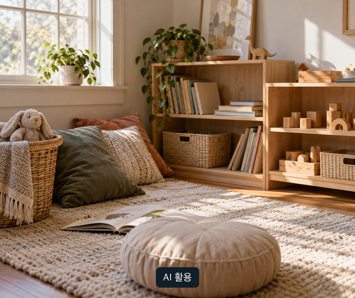 비어 있는 무표기 유아 독서 공간의 AI 생성 개념 사진; 실제 특정 어린이집·유치원이 아님